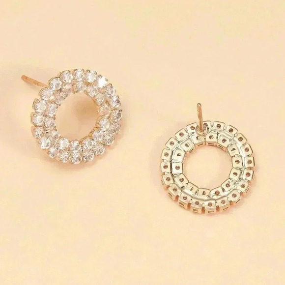 Yellow Gold Women's Elegant Geometric Circle Shaped Rhinestone Stud Earrings - Picture 3 of 5